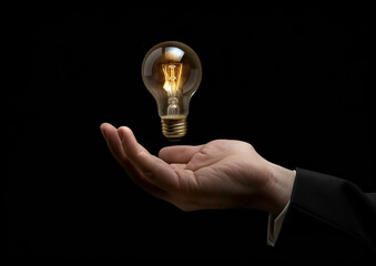 Male hand holding light bulb with black background, close up from front. Generative AI