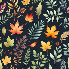 autumn leaves seamless pattern, watercolor illustration, botanical clipart set of fall leaves, herbs and branches in abstract background