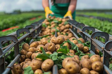 The image shows a person sorting freshly harvested potatoes on a conveyor belt in a potato field, highlighting the agricultural aspect of food production and the manual effort involved.