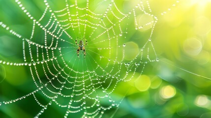  Close-up of a spider's web against a green backdrop, adorned with dew drops