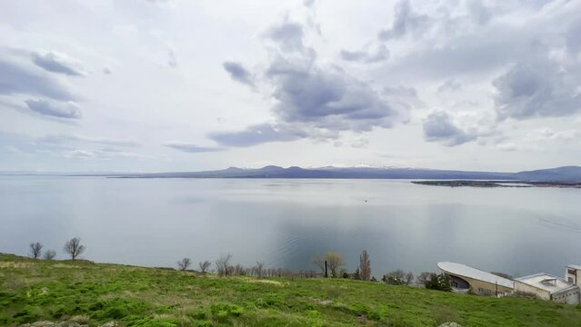 view of famous Sevan lake at spring sunny day. Travel and tourist destinations of Armenia