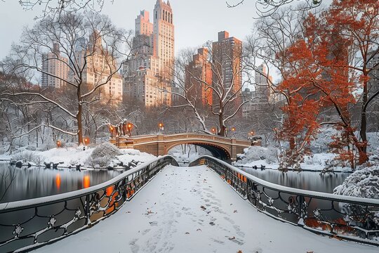A picturesque winter scene featuring a snow-covered bridge in a serene park with a backdrop of towering city buildings and vibrant autumn leaves on nearby trees.