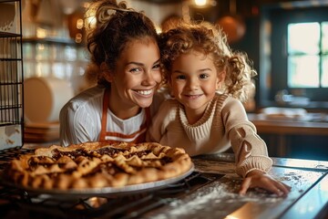 A delighted mother and her smiling daughter proudly display a freshly baked chocolate pie in a warmly lit kitchen, embodying family bonding and joy.