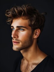Obraz premium A young man with blue eyes looking away.