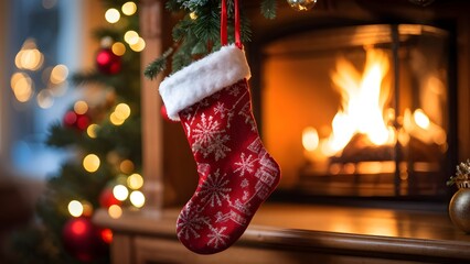 Festive red stocking with snowflake design hanging by the fireplace with tree lights. Generative AI