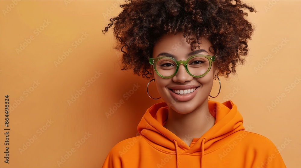 Wall mural A young woman with curly hair wearing glasses and smiling.