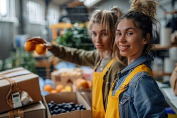 Obraz premium Two young women in a market, wearing yellow aprons, holding fresh fruits while smiling at the camera, showing teamwork and joy in a vibrant, busy environment.