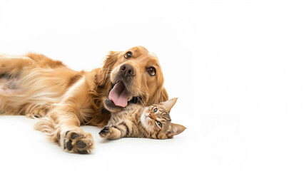 Dog and cat lie on a white background. Advertising banner template for veterinary clinic or pet store.