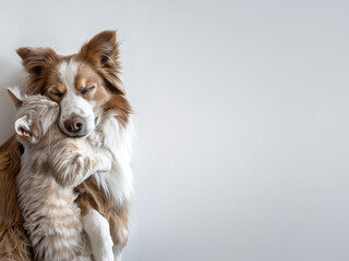 Dog and cat sleep hugging on white floor. Advertising banner template for veterinary clinic or pet store.
