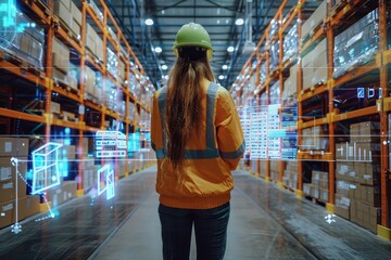 A warehouse worker wearing a hard hat and high-visibility clothing stands amid shelves of boxes with a digital interface overlay showing inventory data. Technology in logistics.