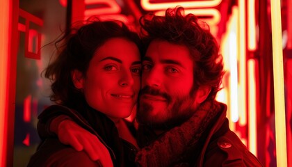 A man and woman are posing for a photo in a red light.