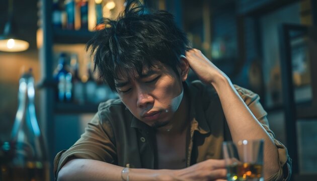 A Man Sits Alone at a Bar, Drinking and Contemplating in the Evening