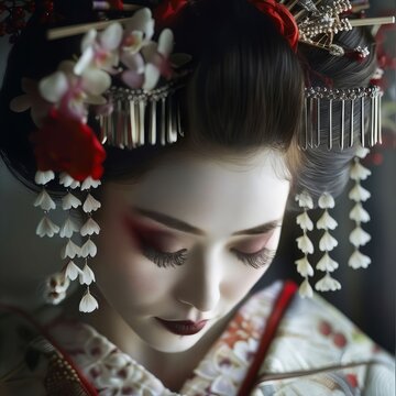 A beautiful woman in traditional japanese clothing.