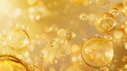 golden yellow Bubbles oil collagen serum Molecule cosmetic product 3d rendering fuel natural crude gasoline liquid power background olive gold nature dripped pour organic concept water ingredient.