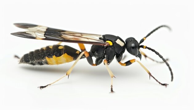 Close Up of a Black and Yellow Ichneumon Wasp With Transparent Wings