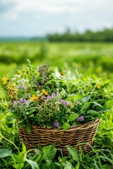 medicinal herbs in basket field. Selective focus