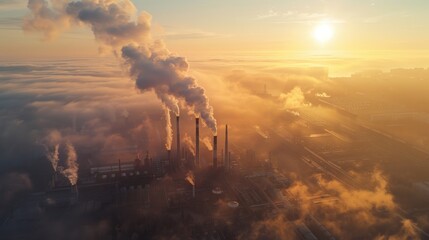 Fototapeta premium Aerial view of coal power plant industrial chimneys with smoke and steam moving up polluting the atmosphere at sunrise.