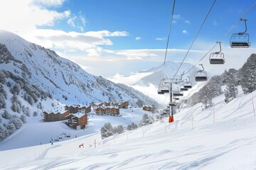 A picturesque snowy mountain resort view featuring ski lifts moving up the slope, cozy lodges nestled below, and snow-covered trees, painting a serene winter scene.