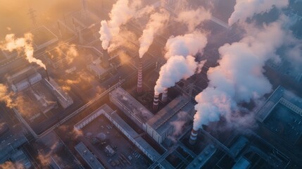Aerial view of coal power plant industrial chimneys with smoke and steam moving up polluting the atmosphere at sunrise.