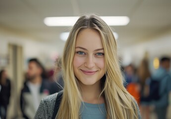 Obraz premium Smiling young woman with long blonde hair