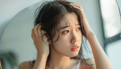 Fototapeta premium Young Woman Touching Her Hair While Looking Into A Mirror
