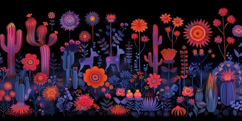 Obraz premium a whimsical nighttime scene in a desert garden. Under a starlit sky, a diverse array of colorful flora, including cacti and blooming flowers, creates a magical landscape.
