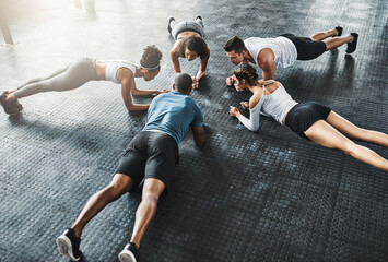 People, training and plank in group at gym for workout, core exercise or fitness together indoors. Diverse class, friends and warm up for ab muscle, session and sport for health on gymnasium floor