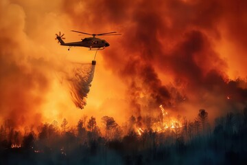 A snapshot captures a helicopter actively fighting a severe forest fire, releasing water onto the torrid flames below while thick smoke envelops the sky.