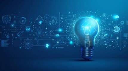 Innovative ideas, strategies and improvement. Light bulb. Solid blue background. Empty space for a logo, maintaining a clean and professional look.