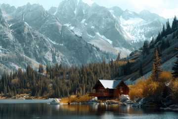 Fototapeta premium Scenic mountain landscape featuring a cozy red cabin by the lakeside, surrounded by towering snow-capped peaks and lush evergreen trees on a clear, tranquil day.