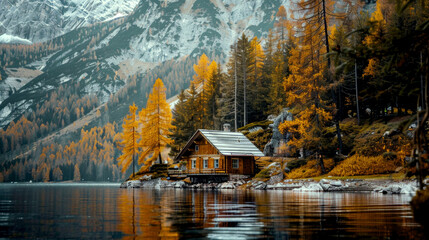 Fototapeta premium Charming lakeside cabin nestled among trees with golden autumn foliage, situated at the water's edge with a backdrop of majestic mountainous landscapes.