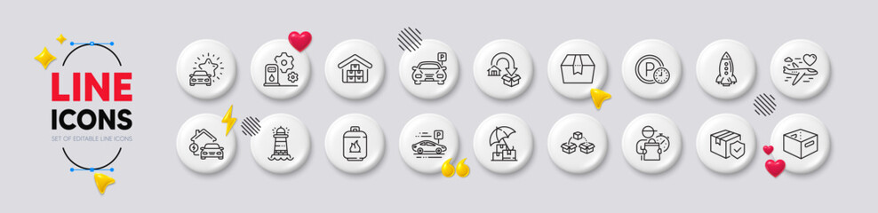 Parking, Delivery insurance and Home charging line icons. White buttons 3d icons. Pack of Gas cylinder, Lighthouse, Parcel shipping icon. Car review, Package box, Moving service pictogram. Vector