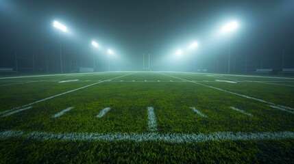 Obraz premium Empty football field illuminated by stadium lights with foggy atmosphere at night.