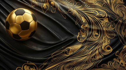 Gold and black soccer ball with ornate floral pattern and black drapery.
