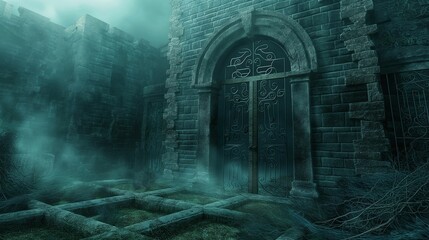 Massive stone gate with intricate designs in an ancient fortress.