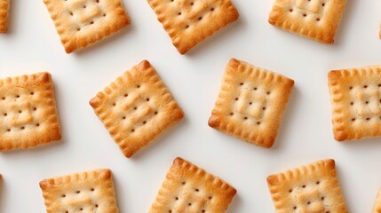 Luxury biscuit cracker, rich texture and golden hue, top view on a white background, each detail in premium quality, highlighting its delicious appeal