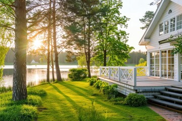Fototapeta premium A beautiful white house with a large deck and stairs leading to the front door, a lake in the background, green grass, pine trees, sunlight shining through the trees, summer time Generative AI