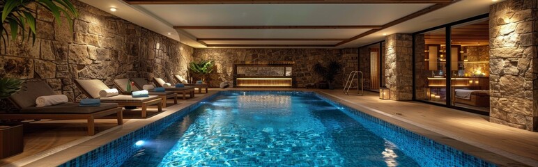 Obraz premium Indoor Swimming Pool With Lounge Chairs And Stone Walls