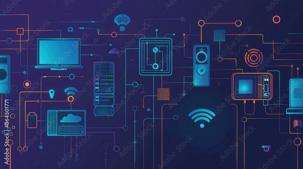 Leinwandbilder an abstract illustration depicting various network devices, such as routers, modems, and smart home 