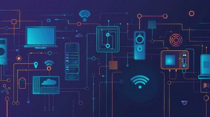 An abstract illustration depicting various network devices, such as routers, modems, and smart home gadgets, interconnected by lines symbolizing data flow. Generative AI
