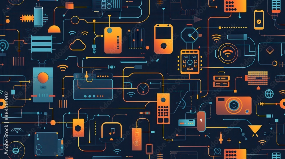 Fototapete an abstract illustration depicting various network devices, such as routers, modems, and smart home 