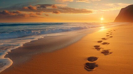 Footprints in the sand. Sunset on the horizon. Ocean waves. Romantic walk.