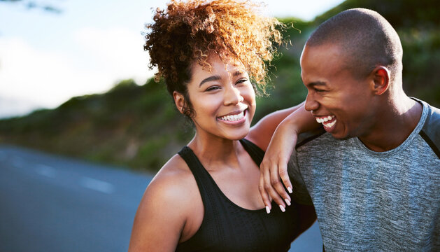 Happy, black couple and portrait with fitness partner in nature for exercise, outdoor training or workout together. African man and woman with smile for running, cardio or marathon on mountain road