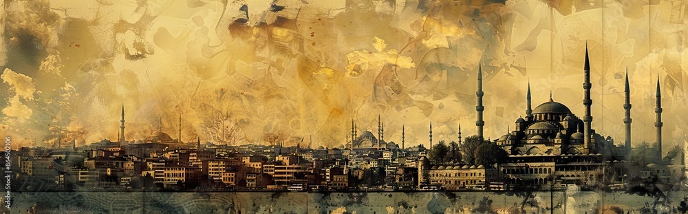 Wall mural Istanbul the capital of Turkey, eastern tourist city. Paper texture. AI generated illustration - Wall murals