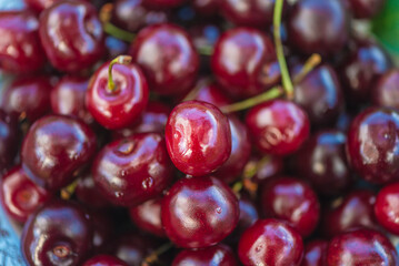 Background of ripe red cherries; selective focus