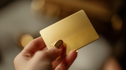 A hand holds a golden bank card without inscriptions