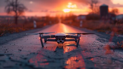 A black drone with a camera sits on a rural road, capturing a beautiful sunset. Generative AI