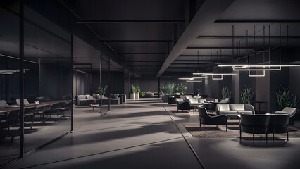 Modern dark open space office interior with minimalistic furniture