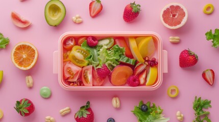 Top view of balanced, nutritious lunch box on pastel background with healthy variety