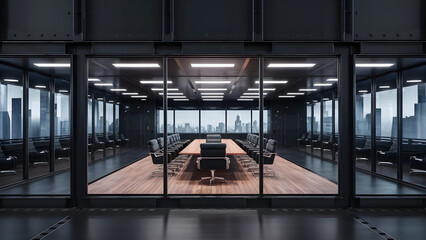 Modern dark open space office interior with minimalistic furniture
